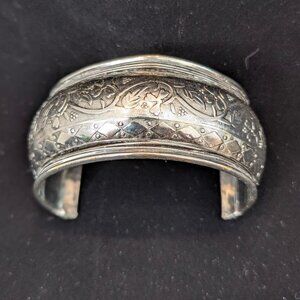 Vintage Sterling Silver Wide Cuff Bracelet - Ornate Floral Engraving & Repoussé